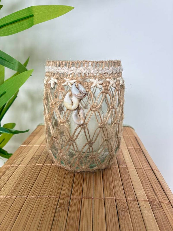 Waxinehouder  jute & imitatie-schelpjes