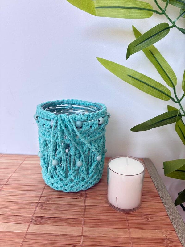 Waxinehouder katoen hoog turquoise