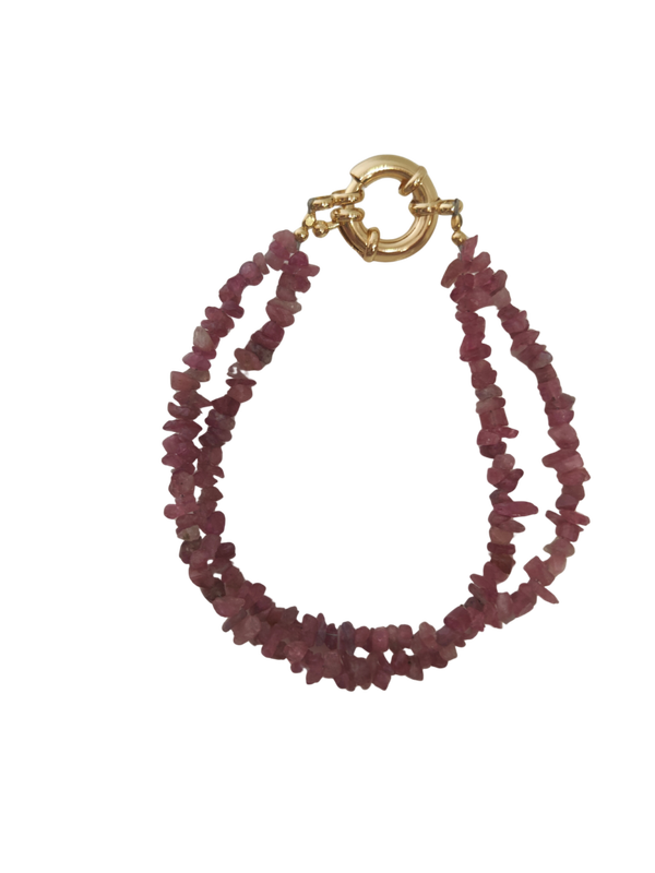 Pulsera doble Pink Tourmaline con reasón dorado 21 cm