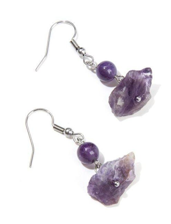 Pendientes de plata en acero con amatista en bruto A 3.5 cm