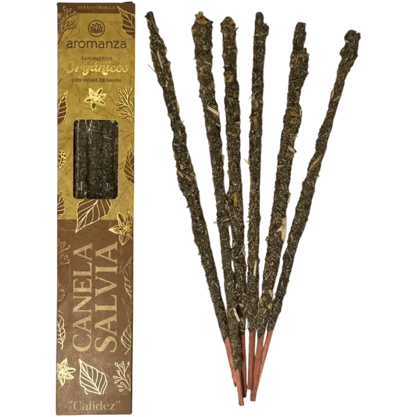 Sahumerio Orgánico Canela y Salvia con Hojas de Salvia Aromanza Argentina - 6 varillas naturales - Calidez