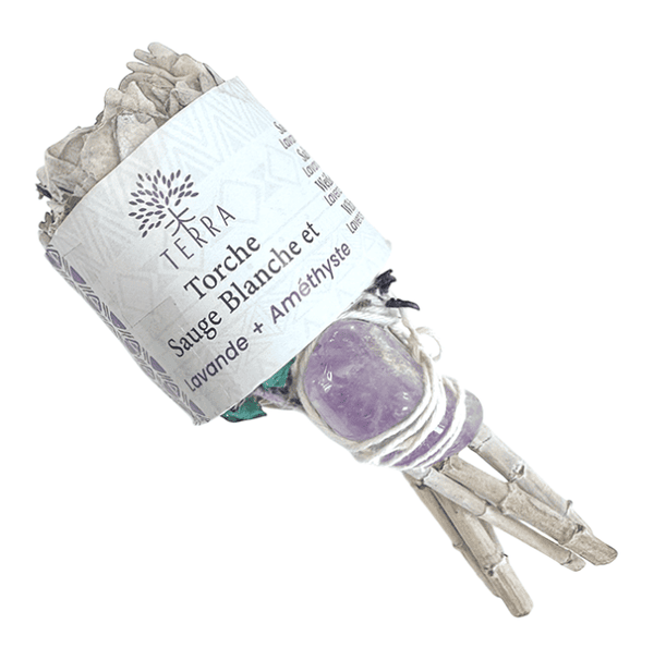 Antorcha de lavanda y salvia blanca con amatista 25-30 g 11 cm