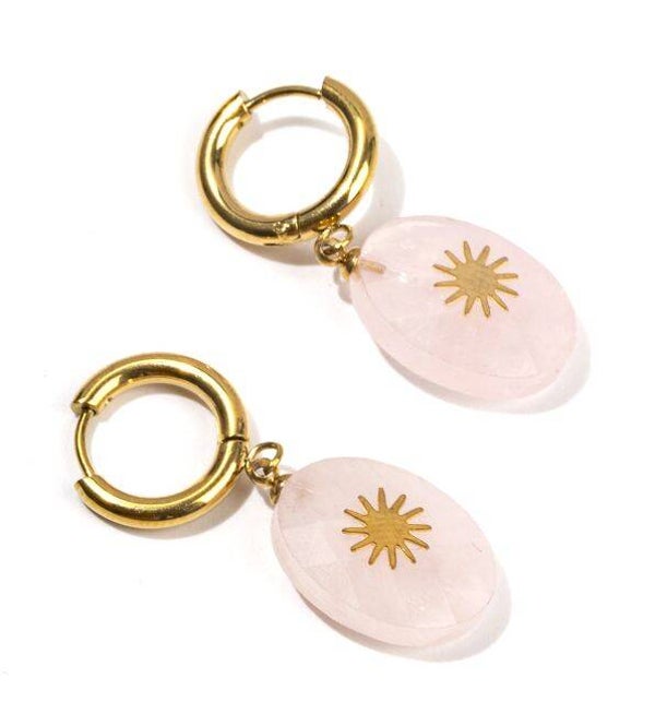 Pendientes dorados con acero inoxidable Cuarzo Rosa