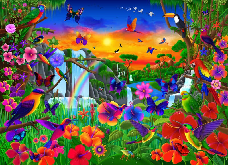 exotic beauty-waterfalls-birds-flowers-jungle