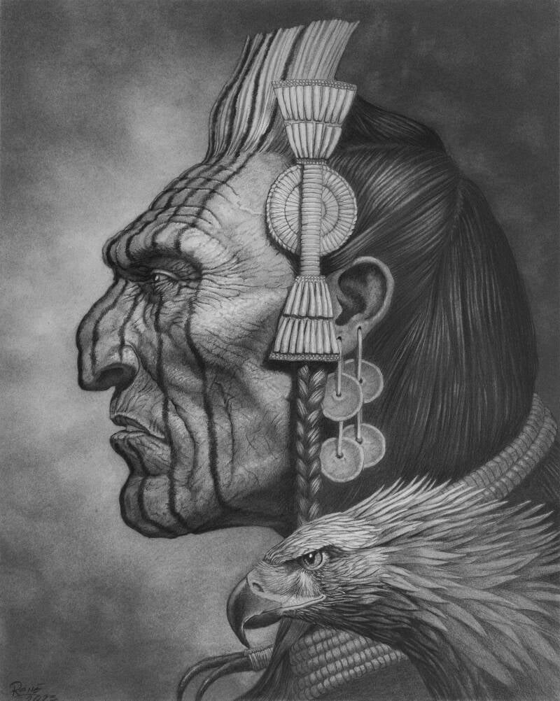 Crow man With Eagle 50x40cm by Rene van Druten