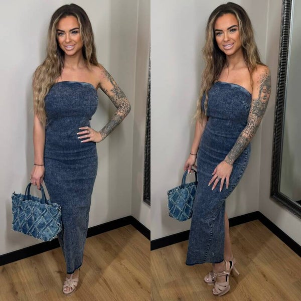 Laulia denim dirty wash donker strepless spijker jurk LY029-3