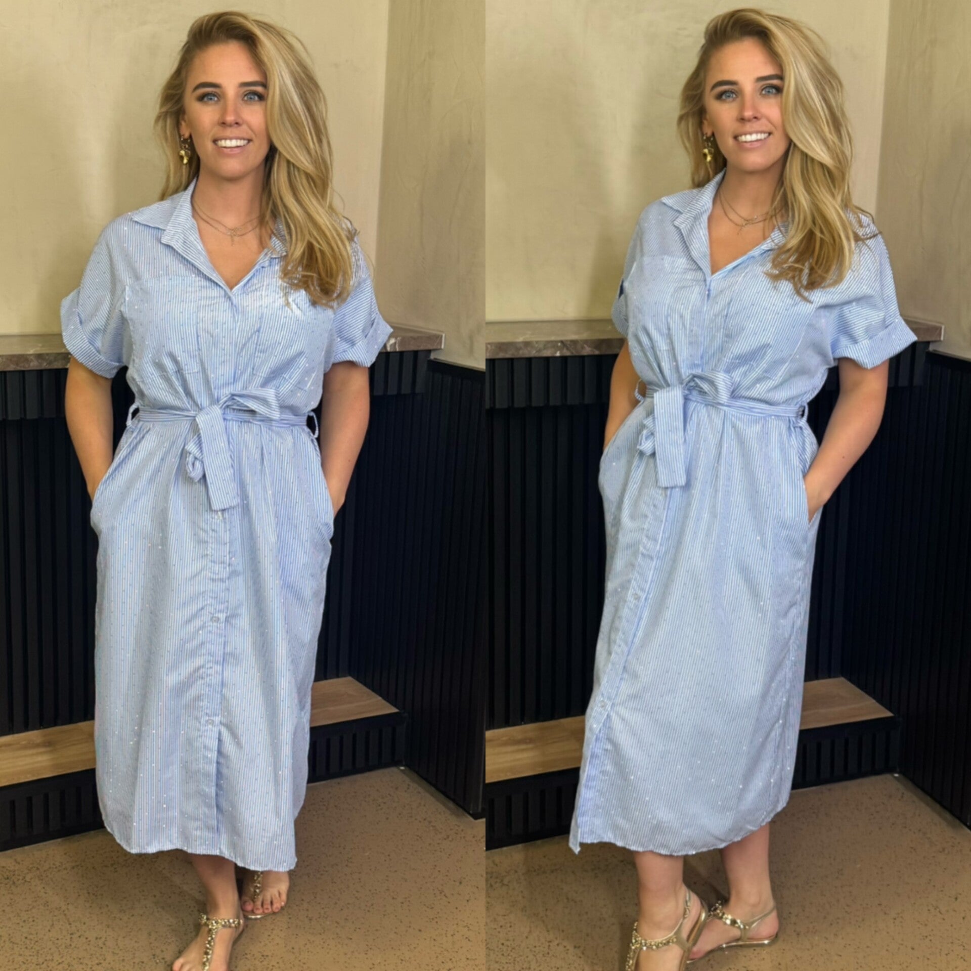 Ivy gestreepte/steentjes baby blauwe jurk 39805