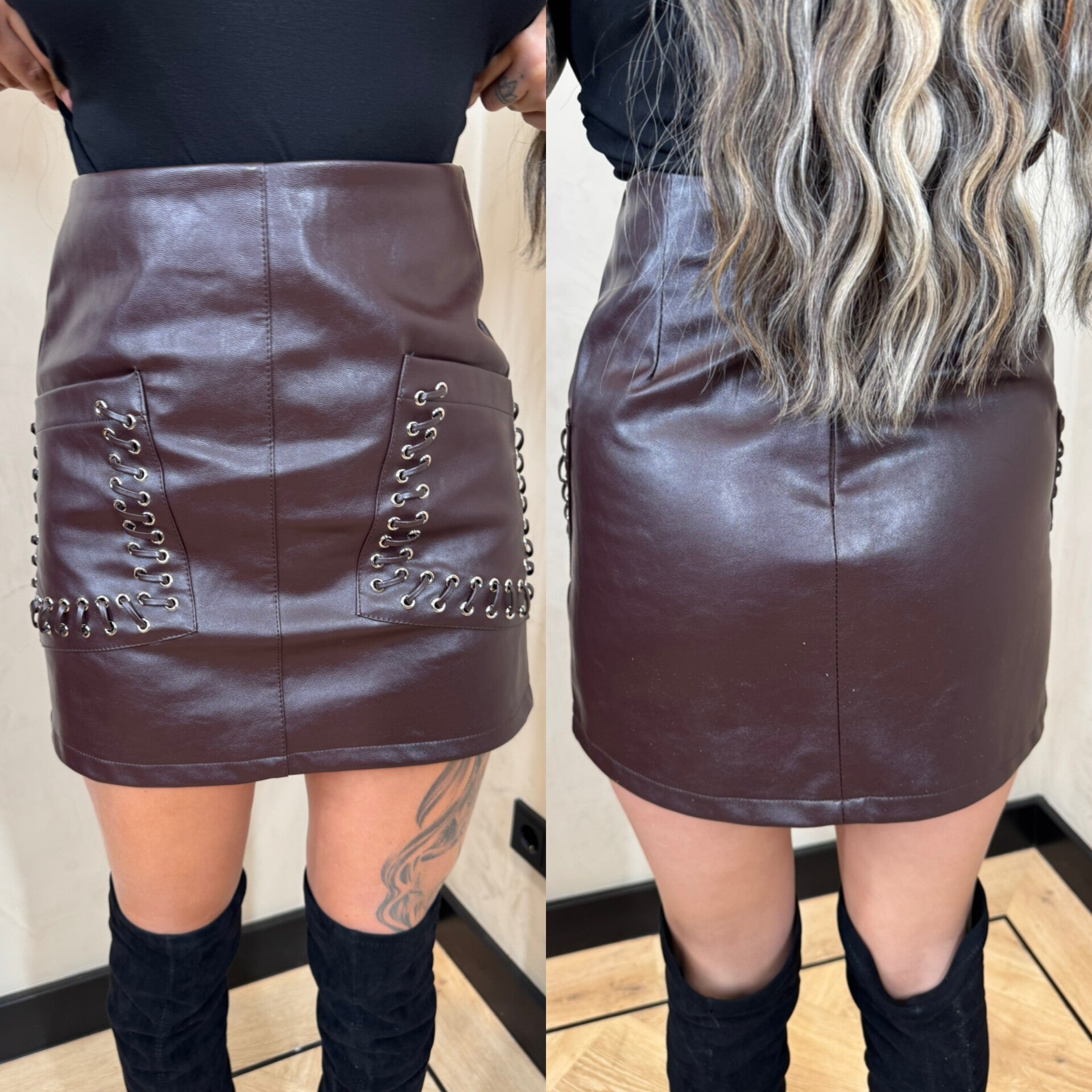 Lederrokje met veter en zakken brown 7016