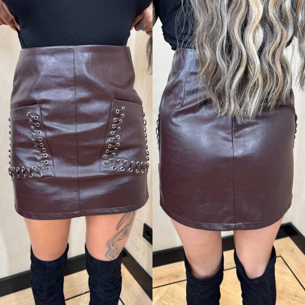 Lederrokje met veter en zakken brown 27016