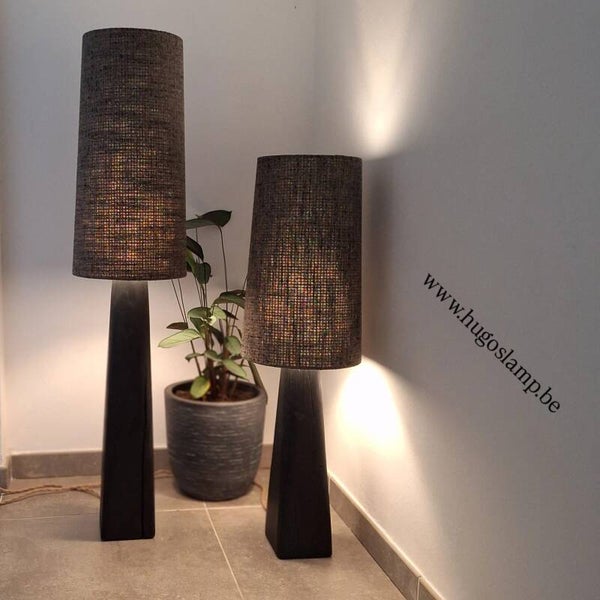 Set vloerlampen eik 15x15x100cm en 15x15x130cm met lampenkap