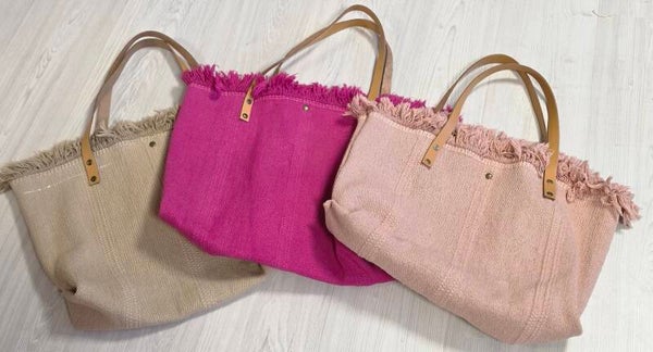 Katoen strand tas met leren hengsel