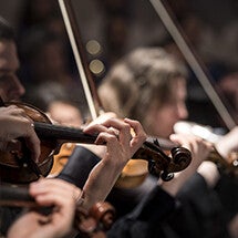 Orchestre avec joueurs de violon en plein concert