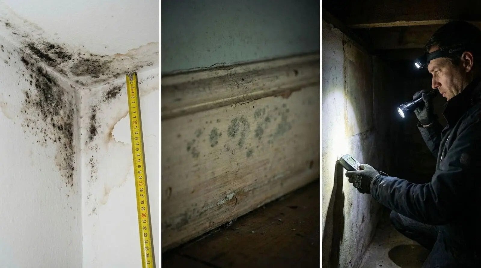 Mold growth on a ceiling corner, baseboard, and crawl space wall during a Colorado mold inspection