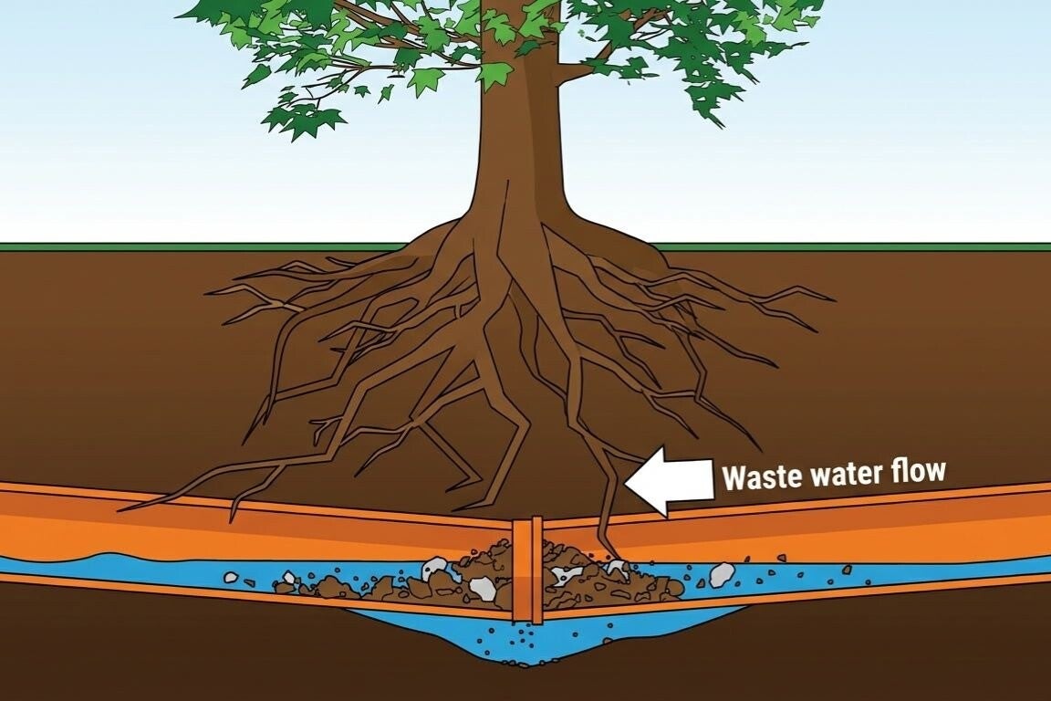 Diagram of tree roots entering a sewer line joint and causing a blockage