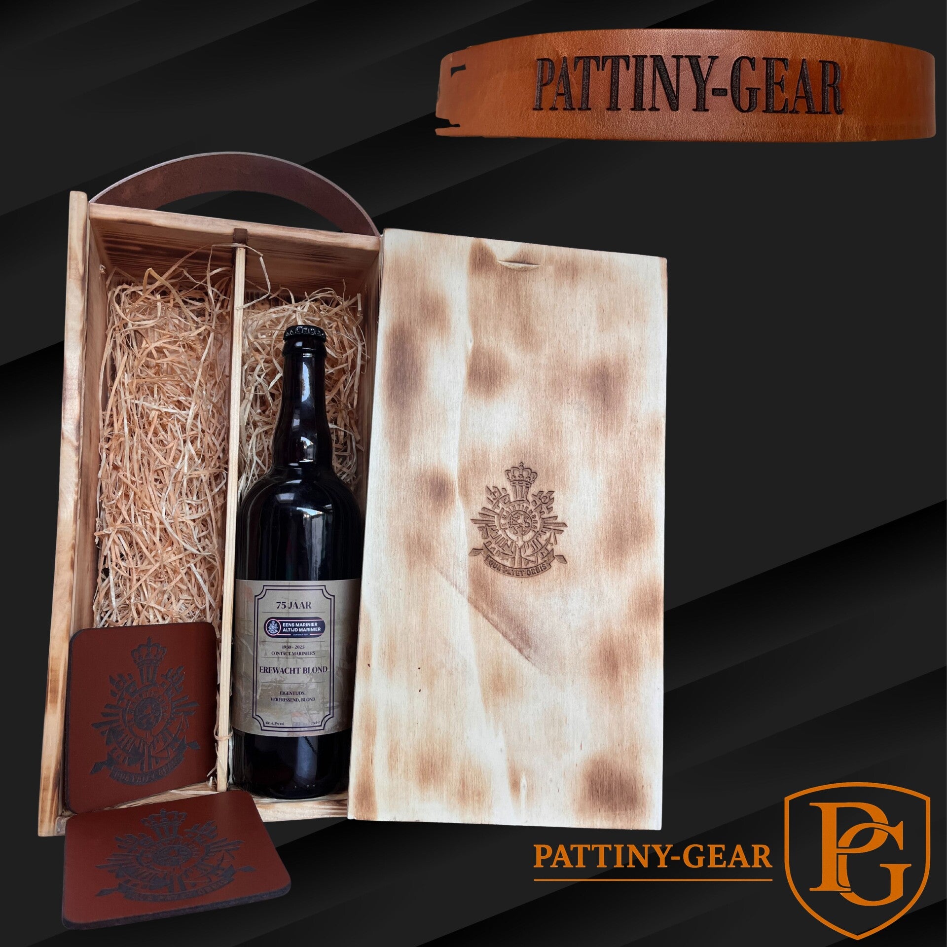 Limited Edition: Luxe Wijnkist met speciaal Bier & Leren Onderzetters – 75 Jaar Contact Mariniers