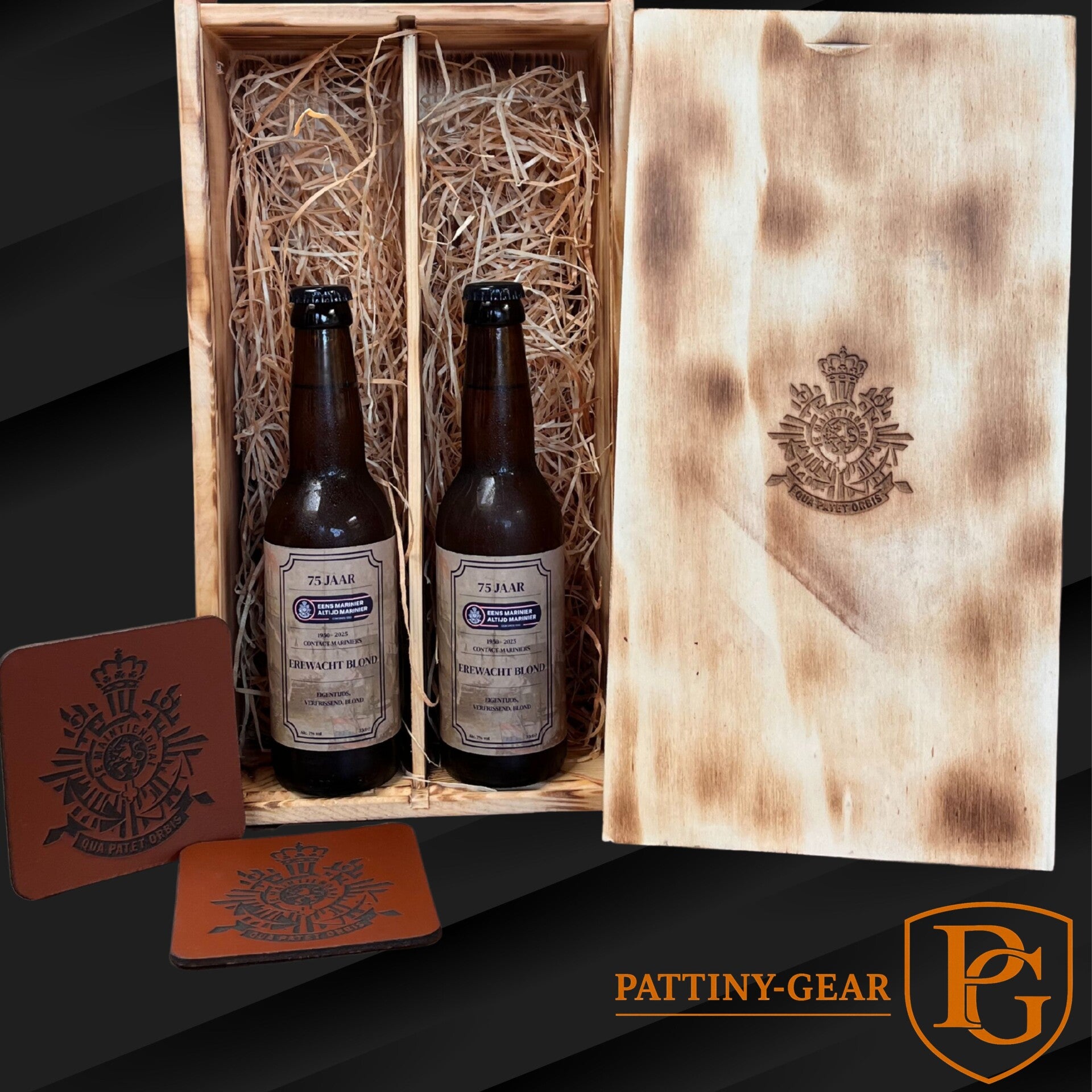 Limited Edition: Wijnkist met Bier & Leren Onderzetters – 75 Jaar  Contact Mariniers