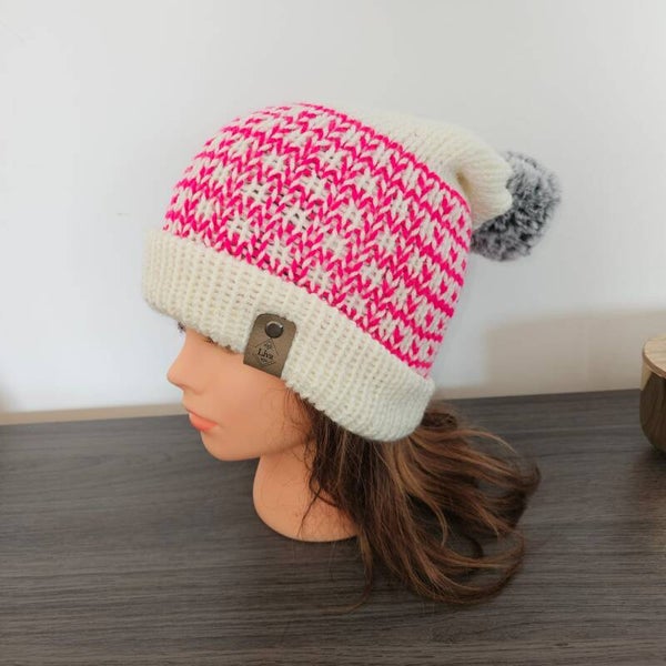 Muts (Wit-Roze) met grijze pompon