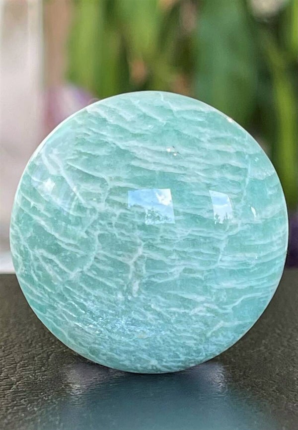 Amazoniet handsteen ronde kussenvorm of discusschijf, medium