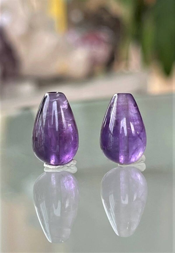 Amethist edelsteen cabochon druppel doorboord, per paar