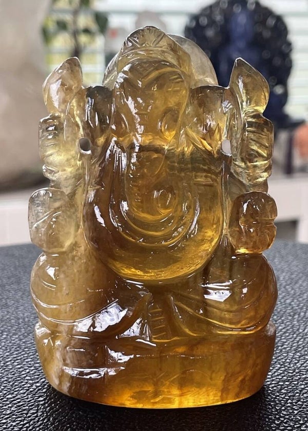Ganesha beeld van gele Fluoriet, medium-groot