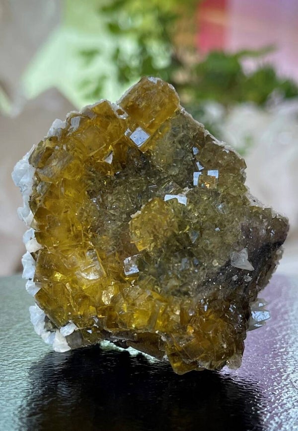 Gele Fluoriet met Dolomiet uit Moscona Asturias Spanje ruw, medium