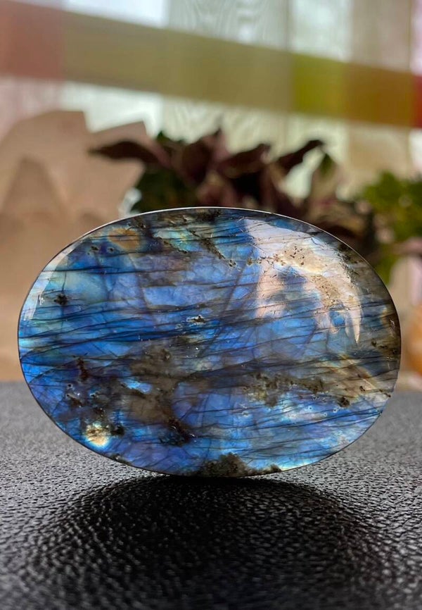 Labradoriet schijf, afgerond, twee zijden gepolijst, groot