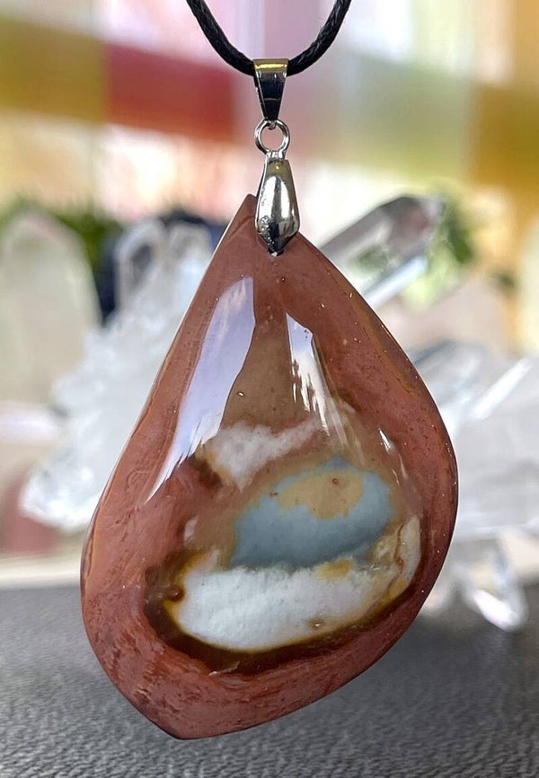 Polychroom Jaspis hangertje, heel groot, met veter