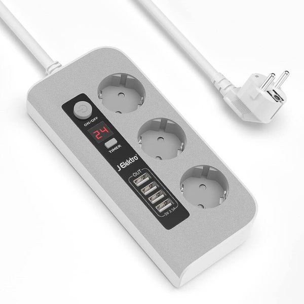 J Elektro Listwa zasilająca Wielokrotna ochrona przeciwprzepięciowa dla 4 portów USB i 3 gniazd z timerem Przedłużacz 2650 W / 10 A 1,4 m Odpowiedni do domów i biur