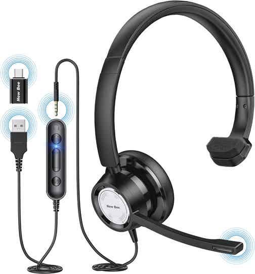 Zestaw słuchawkowy USB z mikrofonem New bee do komputera PC, zestaw słuchawkowy z jednym uchem i mikrofonem z redukcją szumów, przewodowy zestaw słuchawkowy dla call center z wtyczką 3,5 mm/USB/typ C do tabletu Skype Zoom (czarny)