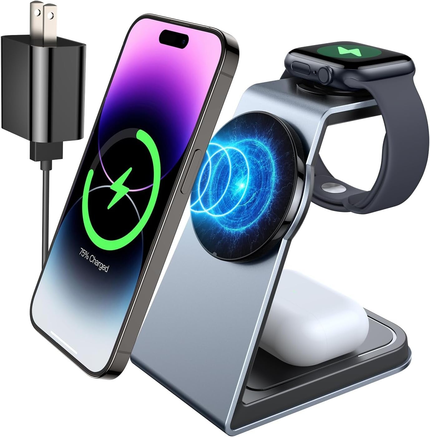 Bezprzewodowa ładowarka Ni-SHEN, magnetyczne aluminium, bezprzewodowa podkładka ładująca 3 w 1, szybka bezprzewodowa podkładka ładująca dla iPhone'a 14/Pro/Max/Plus/13/12 i AirPods 3/2/Pro, iWatch (z adapterem) (szary 1)