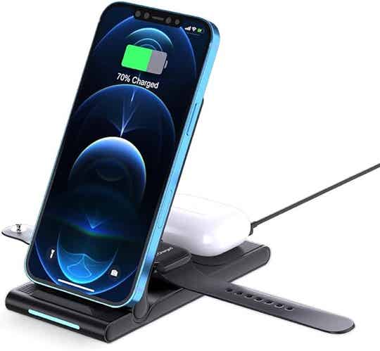 MMOBIEL Stojak do ładowarka Indukcyjna Kompatybilny z iPhone'em, Apple Watch i AirPods - Składana Szybka ładowarka Bezprzewodowa 3 w 1 - Stojak do Bezprzewodowego ładowania Telefonu - Czarny