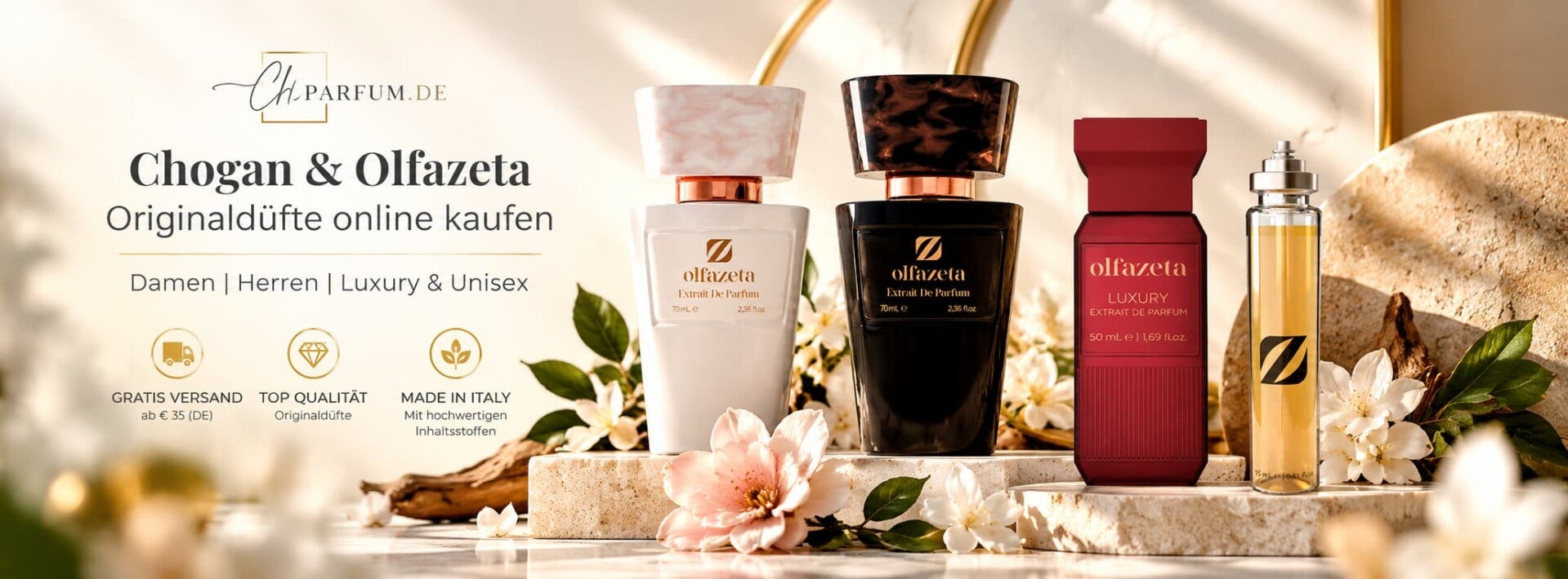 CHParfum Startseitenbanner mit Olfazeta Damen-, Herren- und Luxury-Parfum sowie 15-ml-Nachfüllflakon in elegantem beige-goldenem Ambiente.