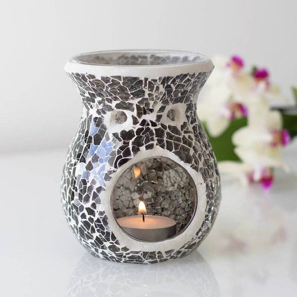 Kleine olieverdamper en wasverwarmer met grijs spiegelend craquelé-effect