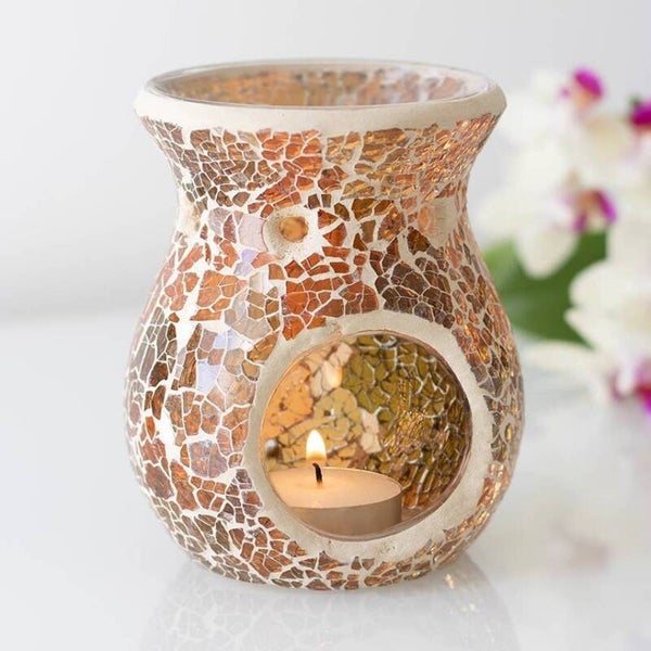 Kleine olieverdamper en wasverwarmer met grijs spiegelend craquelé-effect goud