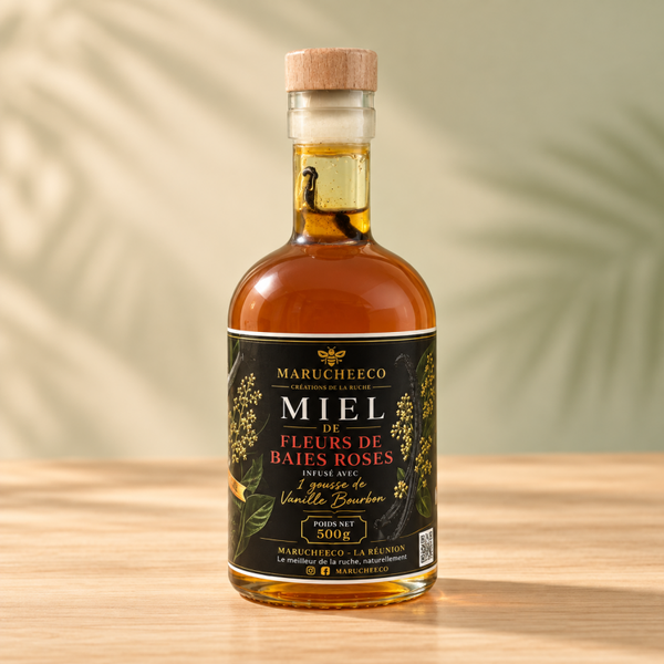 Miel d’Exception – Baies Roses Infusé à la Vanille Bourbon 540g