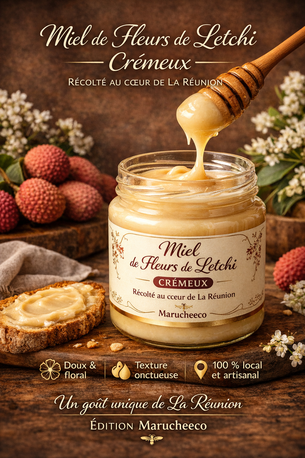 🍯 Miel de Fleurs de Letchi Crémeux – Édition Signature Marucheeco 250g