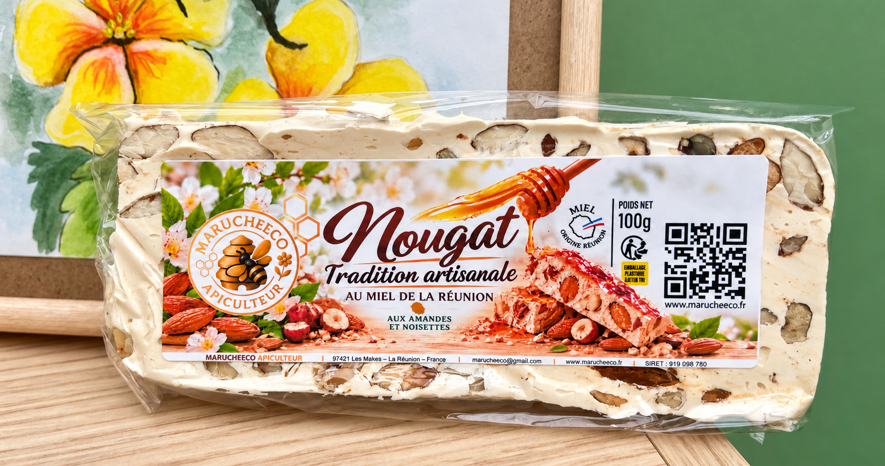 Nougat artisanal au miel de La Réunion – Amandes et noisettes – 100 g