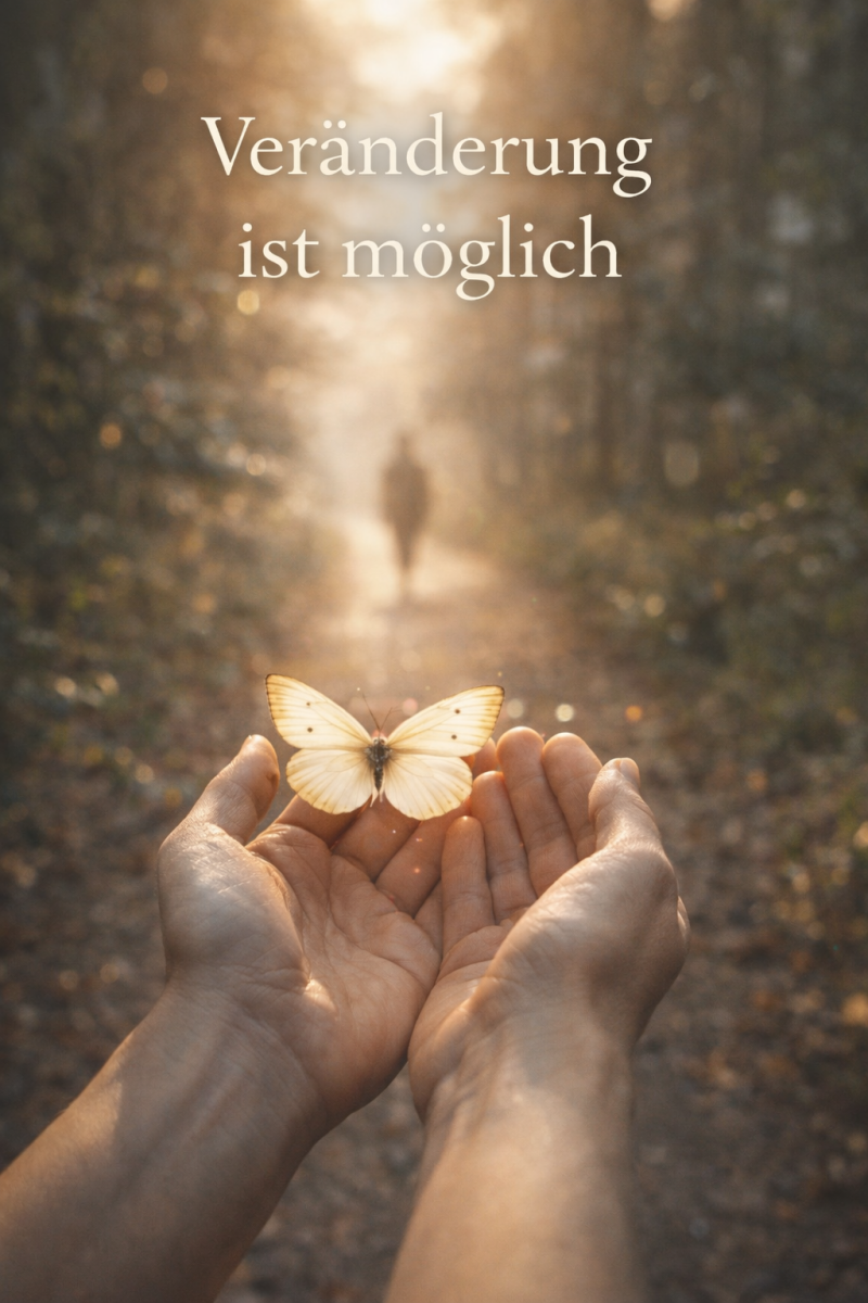 Zwei Hände mit einem leuchtendem Schmetterling eine Person auf einem Lichtweg - Symbol für Veränderung, Bewusstwerdung alter Muster und die Möglichkeit, neue Wege zu gehen