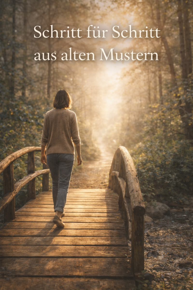 Person macht den ersten Schritt auf einen symbolischen Brücke über einen Lichtweg im Wald - Symbol für bewusstes Erkennen und Lösen alter Muster