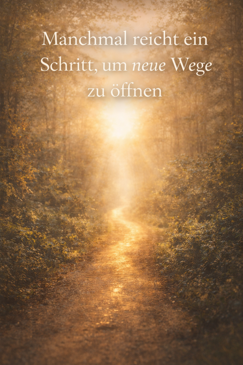 Lichtweg in einem Wald, der in die Ferne führt, symbolisiert Öffnung, Veränderung und neue Wege. Text:"Manchmal reicht ein Schritt, um neue Wege zu öffnen".