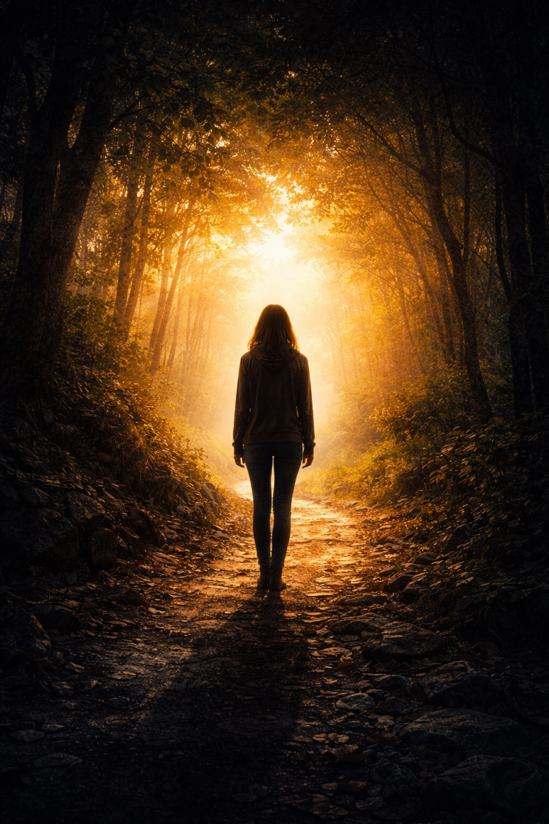 Person steht allein auf einem Weg zwischen Licht und Schattten - Symbol für Selbsterkenntnis und innere Transformation