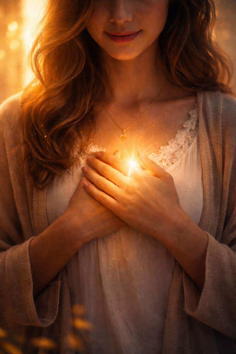 Frau hält die Hände vor dem Herzen mit sanftem Licht - Symbol für Selbstannahme, Heilung und Herzöffnung