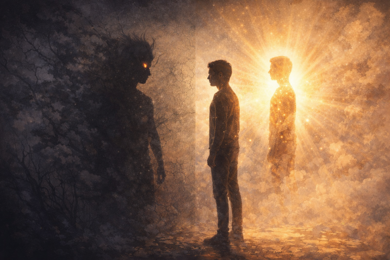 Mensch steht zwischen dunklem Schatten und leuchtendem Licht als Symbol für Schattenarbeit und Integration der inneren Anteile