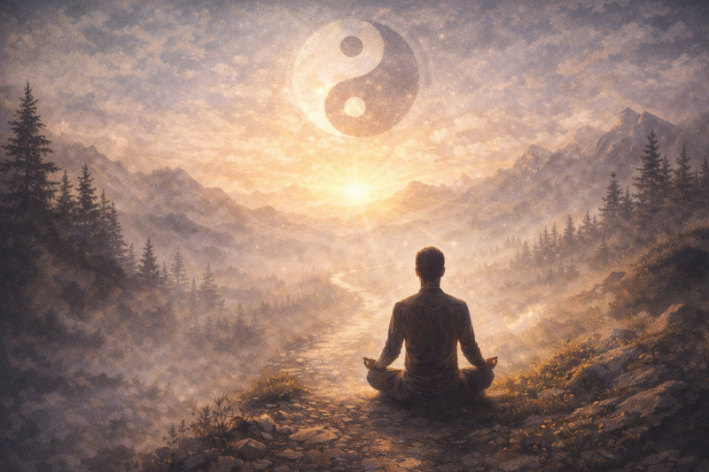 Meditierende Person auf Bergpfad im Sonnenaufgang als Symbol für Bewusstsein, innere Balance und spirituellen Weg