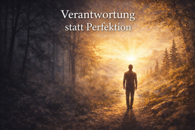 Mensch verlässt dunklen Wald und geht ins Licht als Symbol für Verantwortung übernehmen statt nach spiritueller Perfektion zu streben