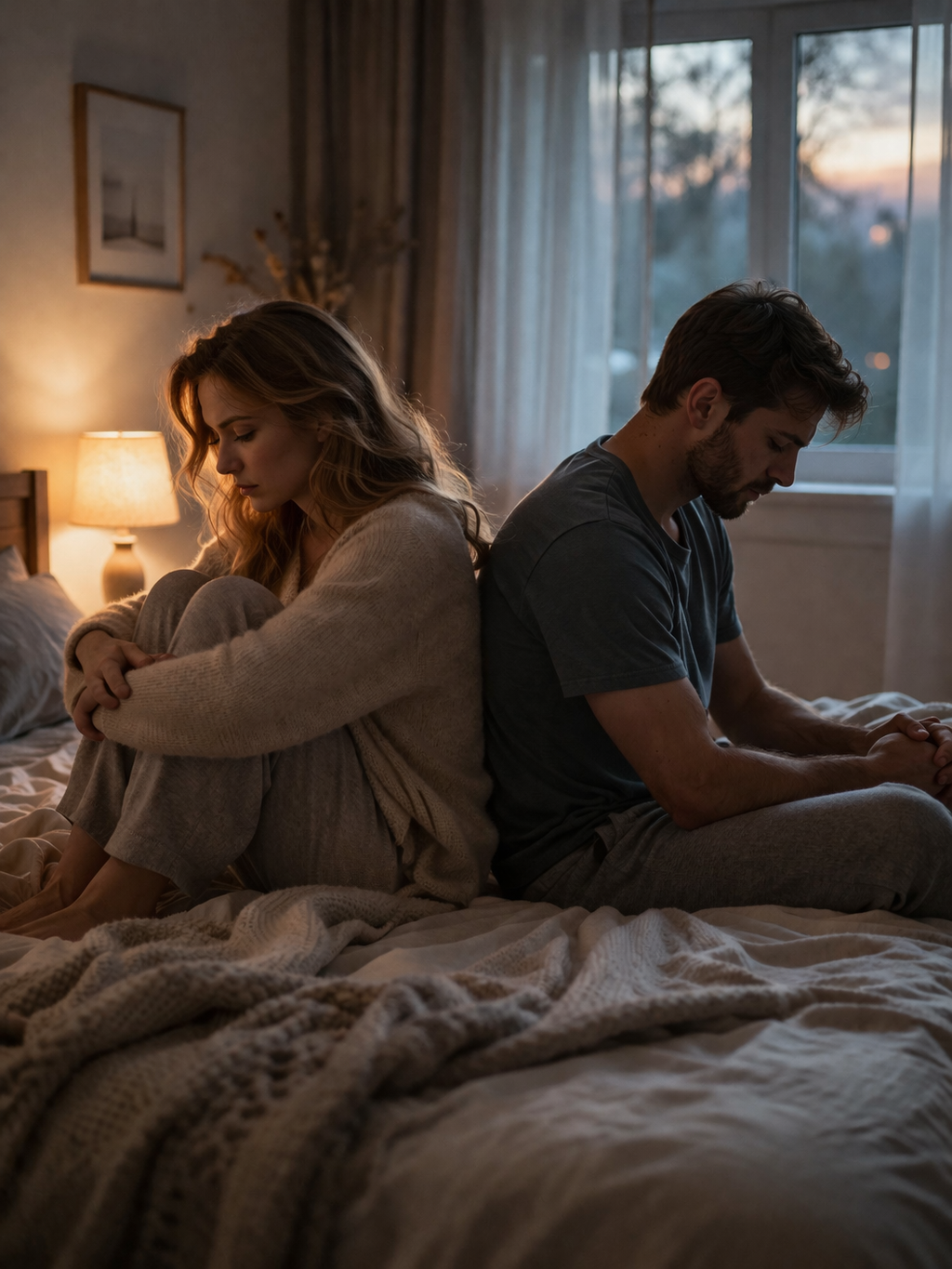 Mann und Frau sitzen Rücken an Rücken auf einem Bett in stiller Distanz - Symbol für verlorene Intimität, emotionale Trennung und fehlende Verbindung in der Beziehung