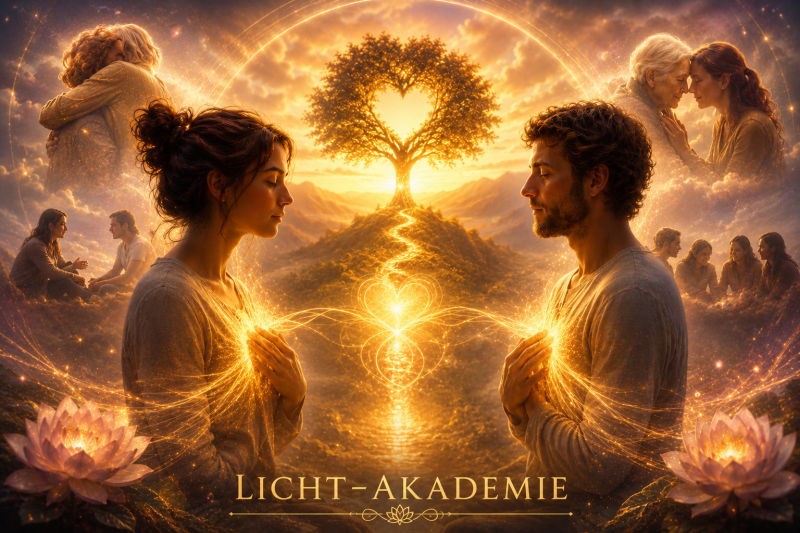 Goldenes spirituelles Kunstwerk mit zwei Menschen, deren Herzen durch Licht verbunden sind. Ein leuchtender Herzbaum symbolisiert Herzensverbindungen, Mitgefühl und tiefe seelische Verbundenheit. Licht-Akademie