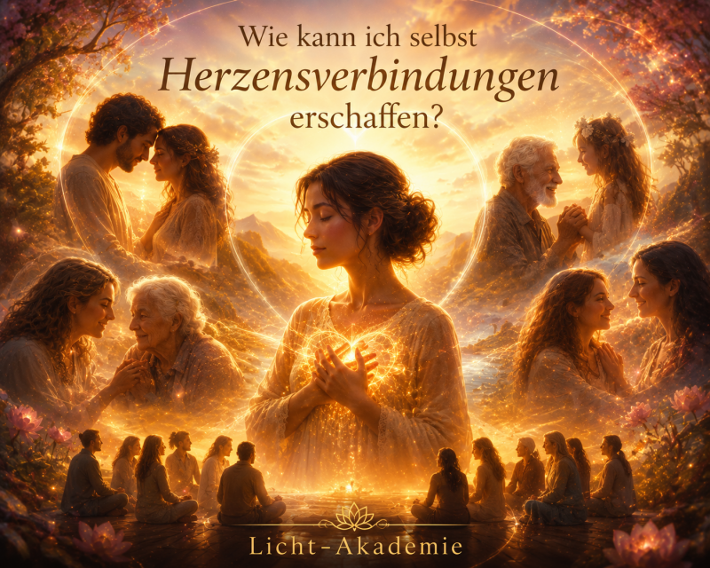 Lichtvolles Herzensbild mit goldener Energie, die Menschen verschiedener Generationen miteinander verbindet. Die Szene symbolisiert Mitgefühl, Liebe, Achtsamkeit und die bewusste Entstehung von Herzbensverbindugen. Licht-Akademie.