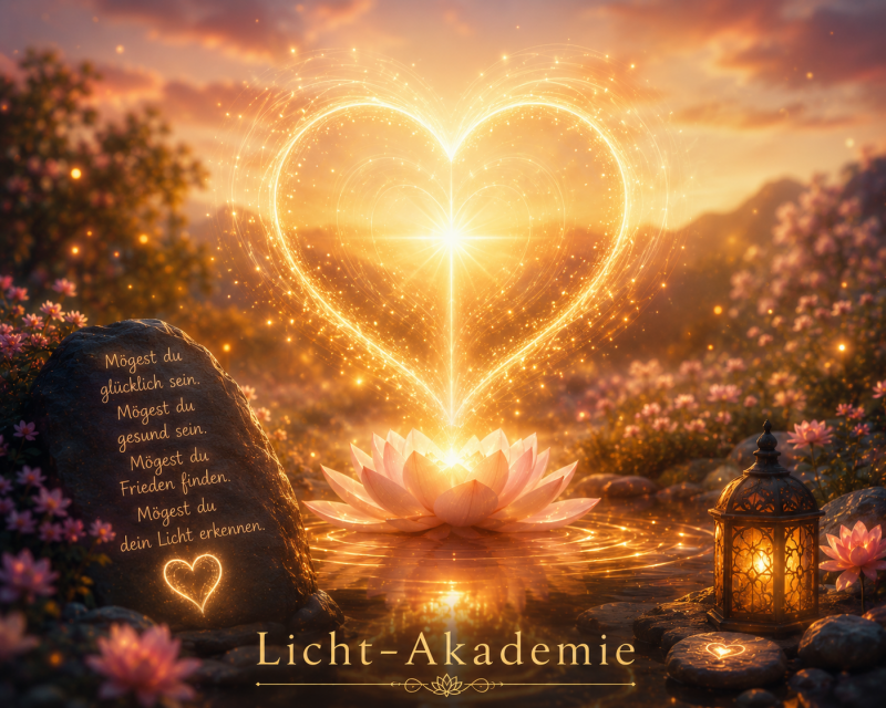 Leuchtende Lotusblüte auf stillem Wasser mit goldenem Herz aus Licht. Die friedvolle Szene symbolisiert eine tägliche Praxis für Mitgefühl, innere Ruhe und die bewusste Öffnung des Herzens. Licht-Akadmie