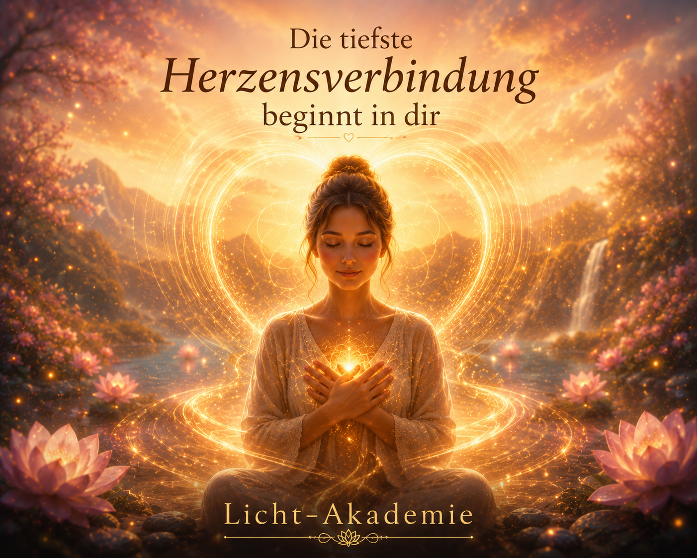 Meditierende Person mit leuchtendem Herzchakra in einer goldenen, spirituellen Landschaft. Umgeben von Licht, Lotusblüten und harmonischer Natur symbolisiert das Bild die Verbindung zu sich selbst und innneren Frieden. Licht-Akademie